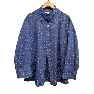 Appleseed's Women's Plus Size Tunic Blouse Blue Swiss Dot Half Button 3/4 Sleeve